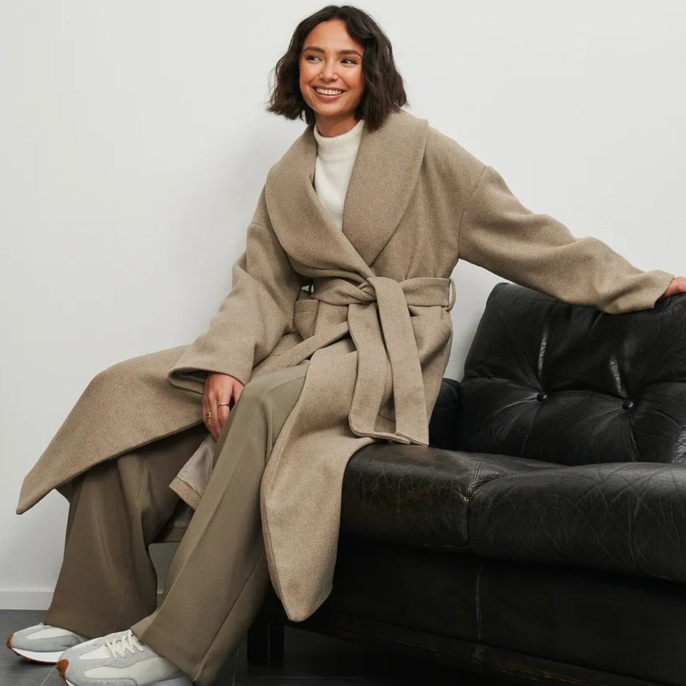 NA-KD x SOFIA COELHO Big Pocket Coat Long Beige Tan Wool Blend